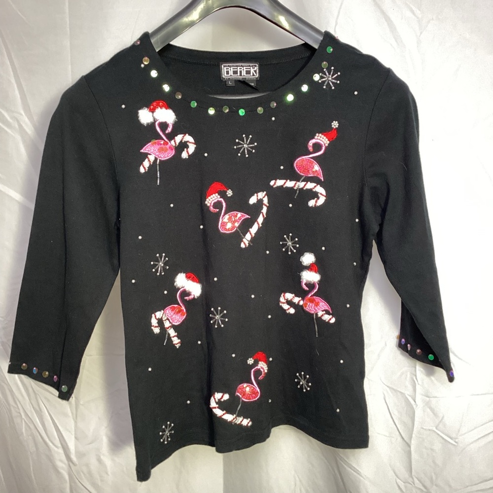 Berek Christmas flamingo bling candy cane Santa hat ugly Xmas pullover shirt